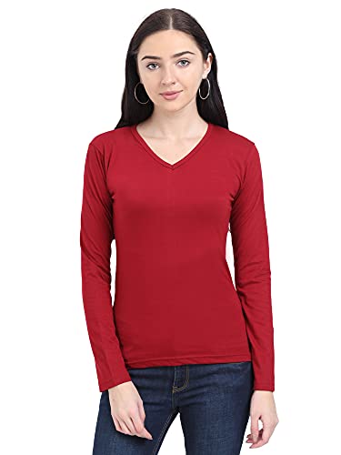 Image of FLEXIMAA Women's Cotton Plain V Neck Full Sleeve T-Shirt