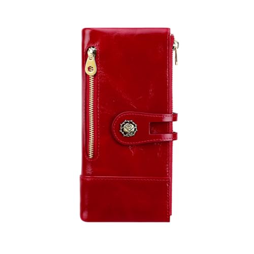 Women's RFID Blocking Wallet Soft Leather Clutch Money Ladies Purse Slim Card Holder Organizer Zip Pocket (3013-Red)
