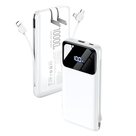 Portable Charger Power Bank with Built-in Cables and Wall Plug, 10000mAh Slim USB-C Battery Pack, 15W Fast Charging Travel Essential Portable Phone Charger Compatible with iPhone, Samsung (White)