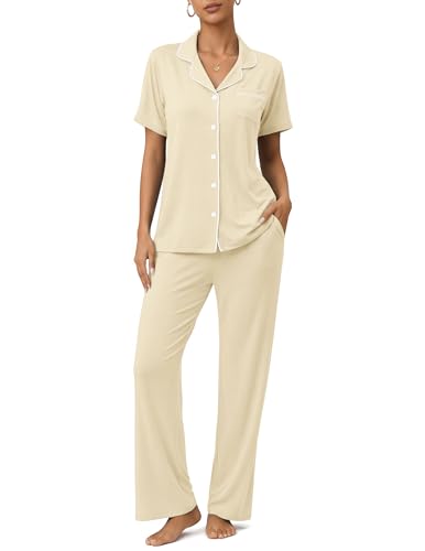 Image of ZMJ Womens Pajamas Sets 2 Piece Button Up Pj Sets Short Sleeve with Long Pant