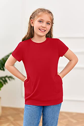 Haloumoning Girls Casual Short Sleeve T Shirts Color Block Tee Blouse Kids Loose Tunic Tops with Pockets Size 4-153