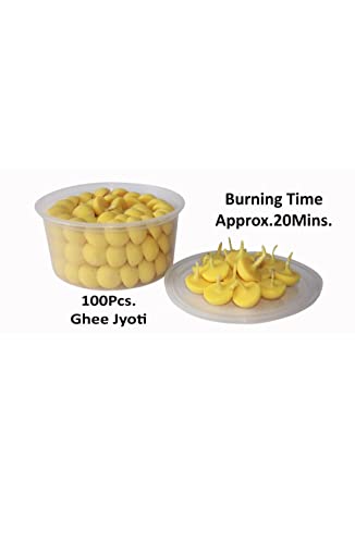 Om Phool Batti Cow Ghee Diya for Puja, 100 Pieces, Wax Free Vegan Ghee Batti/Wicks/Jyot for Puja Aarti, (Pack of 1,Yellow, 100 pcs)