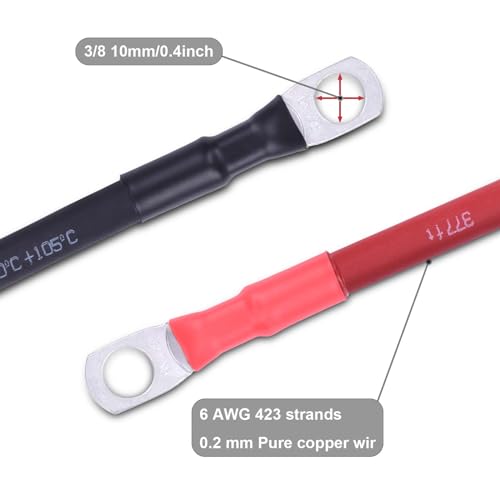 Image of 6 AWG Flexible Battery Cable with 3 /8 inch Terminals - OFC Pure Copper Inverter & Welding Wire for Automotive Solar RV Motorcycle (Red + Black 1FT Pair)