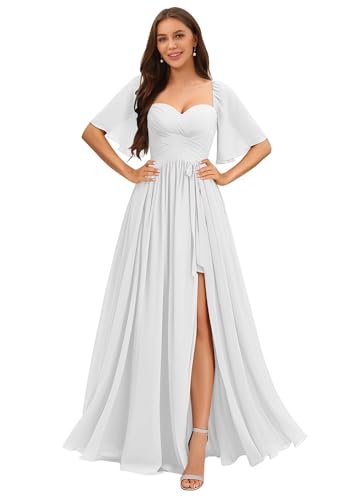 Women's Flutter Sleeves Chiffon Bridesmaid Dresses Long with Slit Ruched A Line Formal Dress with Pockets VS175