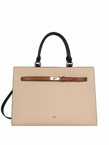 Image of HIE Women Textured Tote Bag with Contrasting Leather Strap and Gold-Tone Buckle Dual Top Handles | Detachable Adjustable Crossbody Strap, Color Blocked Design for Work, Travel & Everyday.