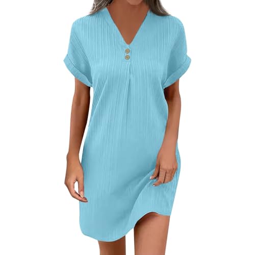 Sommerkleid Damen A Linie Strandkleid Kurzarm Leinenkleider V-Ausschnitt Luftige Dress Einfarbige Blusenkleider Mit Knöpfen Lässiges Etuikleid...