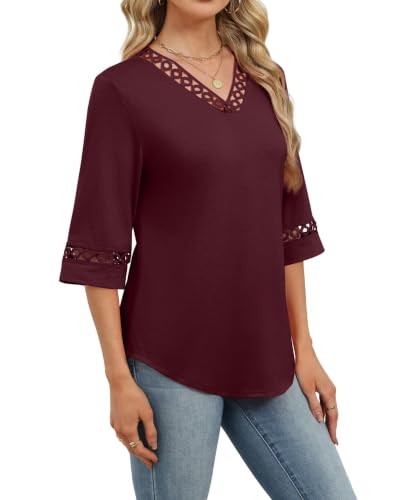 Image of WIHOLL Womens Tops Eyelet Lace V Neck 3 /4 Bell Sleeve Blouses Dressy Casual Work Shirt 2026 Summer Fall Fashion Clothing