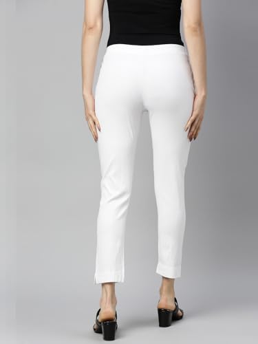 Image of MINELLI Women Solid Cigar Pants, Cotton Lycra Slub Fabric, Elasticated Waistband, Pull On Style, Regular Fit Bottom Wear for Western and Ethnic Wear