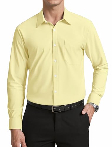 Enlision Mens Long Sleeve Shirt Light Yellow Regular Fit Button Down Shirt Non Iron Stretch Business Office Formal with Pocket, XL