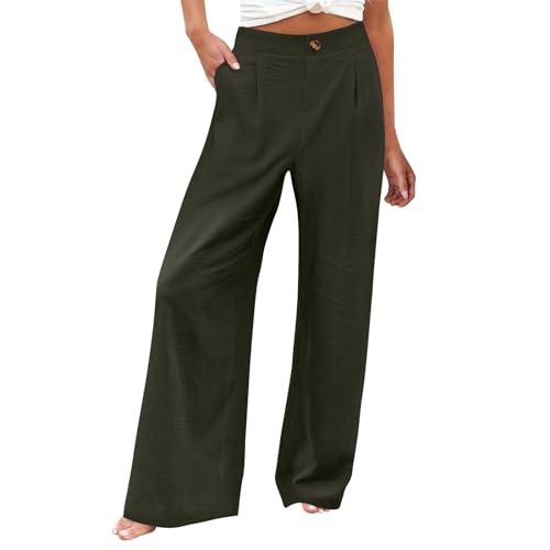 Women's Solid Color Casual High Waisted Buttoned Elastic Pocket Wide Leg Straight Dressy Loose Fit Pants