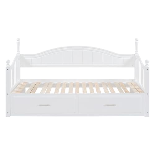 Image of Merax Multifunctional Extending Day Bed with Trundle & Drawers Twin to King Wood Sofa Bed with Headboard No Box Spring Needed White