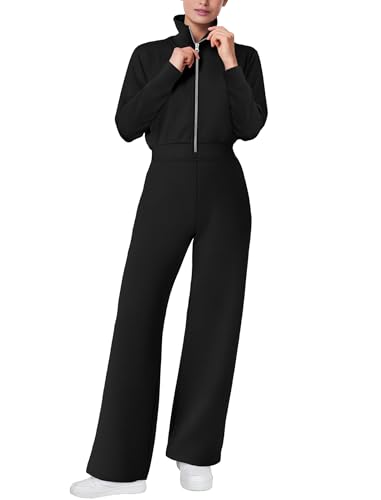 Sampeel Jumpsuits For Women Casual One Piece Travel Outfits For Women 2024 Comfy Half Zip Up Long Sleeve Tops Wide Leg Black Tracksuits Fall Clothes M thumb #1