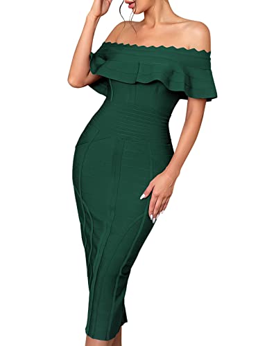 Image of Off Shoulder Bandage Dresses for Women Wedding Guest Party Midi Formal Gowns Evening Dress