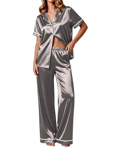 Ekouaer Women's Silk Pajamas Set Short Sleeve Satin Pjs 2 Piece Soft Loungewear with Pants Button Down Sleepwear,Dark Grey,L
