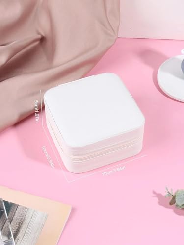 Image of Small Travel Jewellery Organiser Box, PU Leather, Pink, Portable Mini Square Case with Zipper and Dividers for Rings, Earrings, Necklaces, 10x10x5 cm (WHITE)