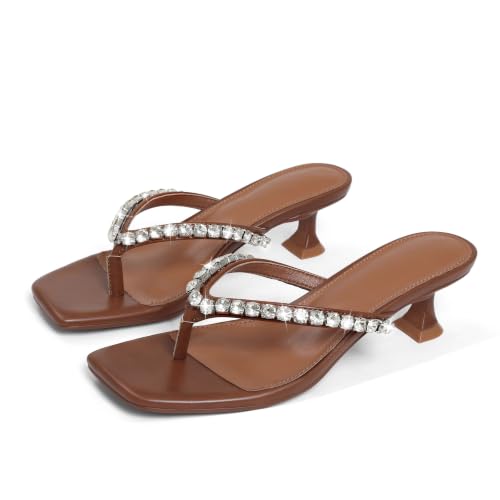 Image of Eteridrey Rhinestone Flip Flop Heels Women Square Toe Kitten Heel Summer