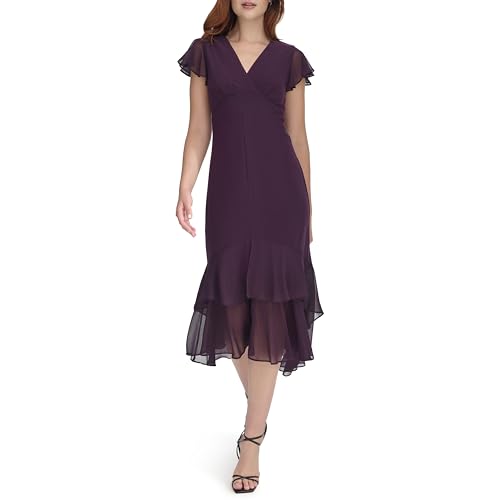 Image of Tommy Hilfiger Women's Flutter Sleeve V-Neck Ruffle Trim Hi-Lo Midi Dress