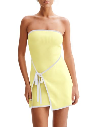 Image of Wenrine Womens Sexy Tube Top Dress Strapless Self Tie Wrap Asymmetrical Hem Knit Summer Party Mini Dresses