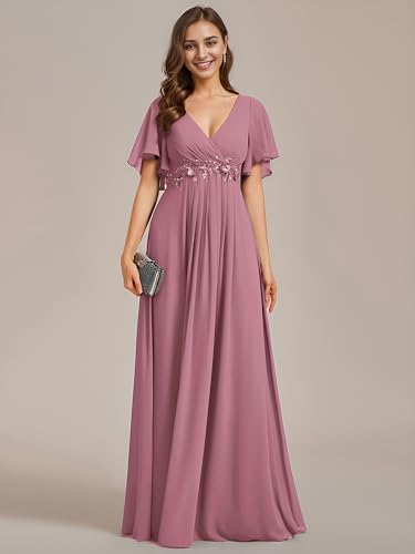 Image of Ever-Pretty Women's Spring Short Sleeve Bridesmaid Dresses V-Neck Chiffon Ruched Empire Waist Appliques Long Formal Dress