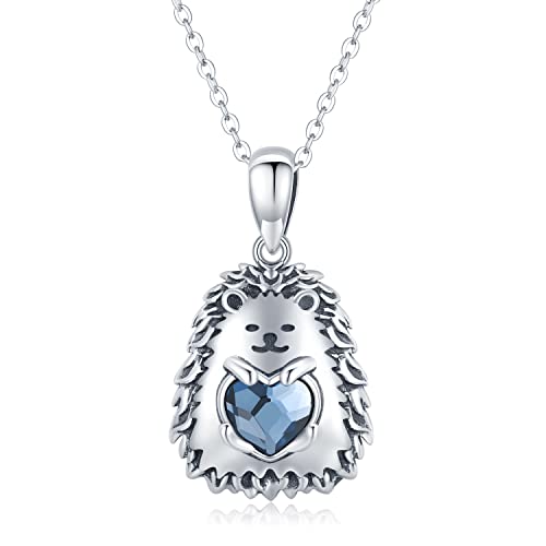 Sterling Silver Hedgehog Necklace, Women's Animal Pendant, 18 Inch Chain, Red Heart Stone, 5g, Unisex, Cartoon