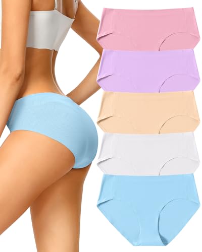 voenxe Seamless Underwear for Women,Hipster No Show Ladies Panties Line,Breathable Stretch Bikini,Invisible Workout Briefs,Comfortable Soft Undies,Gym Underpants,5 Pack