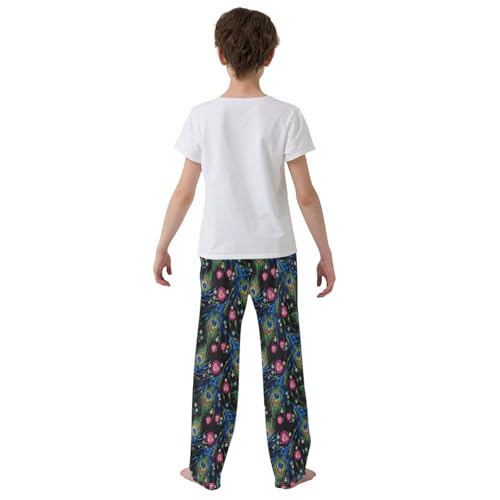 Peacock Feather Floral Boys Long Pants Soft Trousers Elastic Waist Kids Lounge Bottoms with Pockets S-XL3