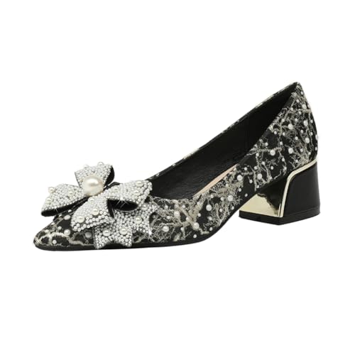 Women's Rhinestone Bowknot Chunky Low Heel Pumps Classic Comfortable Pointed Toe Work Office Dress Shoes Slip On Wedding Party Shoes