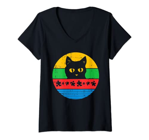 Femme Pièce de puzzle pour chat - Pour la sensibilisation à l'autisme - Chaton rétro pour enfants T-Shirt avec Col en V