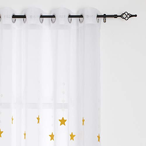 Frenessa Cortina de Visillos Bordados Blancos Infantiles con para Ventanas Dormitorios Habitación de Niños con 8 Ollaos 2 Piezas 140 x 260 cm, Estrellas Amarillas