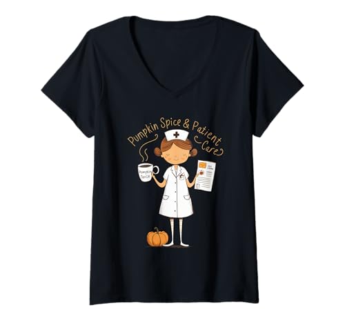 Femme Tarte à la citrouille épicée café infirmière Thanksgiving automne médical T-Shirt avec Col en V