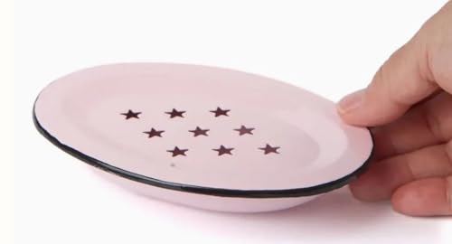 Enamel Soap Dish, Star Drip Tray- Oval 5.5 x 4 inch - Vintage Farmhouse Style (Pink)