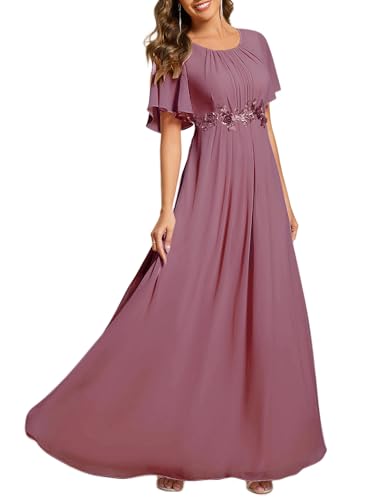 Image of Ever-Pretty Women's Classic Round Neck Pleated Short Sleeves Chiffon Appliques Floor Length A Line Formal Evening Dresses
