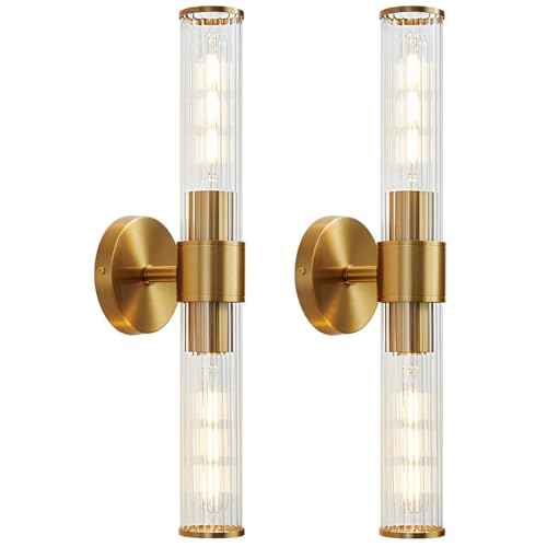 Image of Gold Bathroom Light Fixtures 2 Pack, Hardwired Vanity Lights for Mirror with Threaded Glass Shade, 20 Inch Up and Down Wall Sconces for Bathroom Bedroom Living Room, Bulb Not Included
