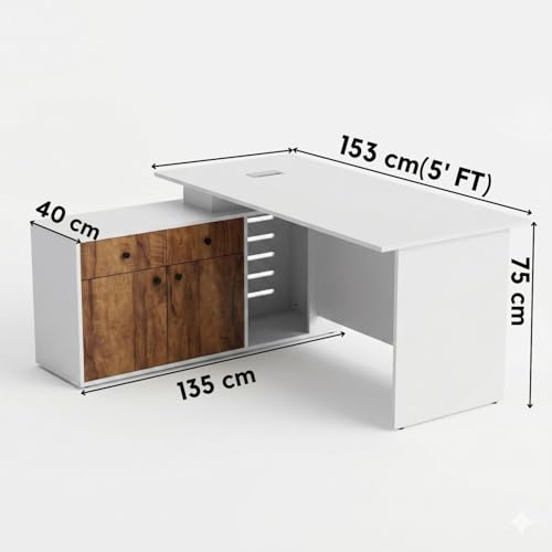 Image of FFO Executive Office Desk with Side Storage Cabinet, Modern Computer Table for Office & Home, Spacious Workstation with Cable Management Hole, White & Walnut Finish Study Table for Laptop, PC & Work