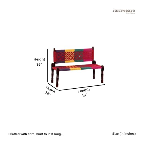 Image of Srima Wooden Bench for Living Room | Handcrafted Sheesham Wood Backrest Bench for Balcony & Garden | Traditional Rajasthani Patio for Outdoor with Cotton Handwoven Rope | Colorful 2