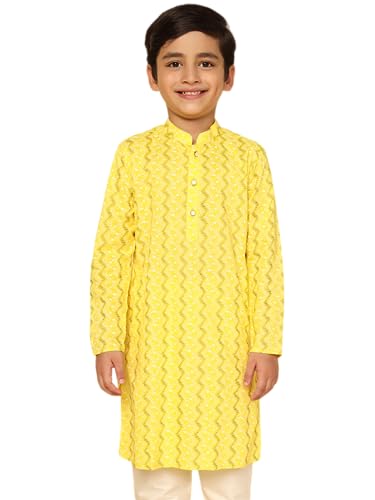 KISAH Kid's Cotton Full Sleeves Regular Fit Knee Length Geometric Yellow Kurta (3-4Y) Deal