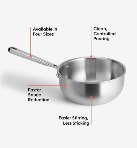 Image of Misen 5-Ply Stainless Steel Saucier with Lid- Induction-Compatible Pan with Curved Sides for Smooth Stirring - Oven Safe to 800F - Even Heat Distribution & Ergonomic Handle - 3 QT