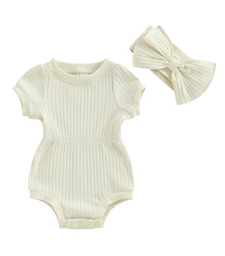 Image of Newborn Baby Girls Romper Jumpsuit Infant Girl Summer Bodysuits Ribbed Short Sleeve One-Piece Headband