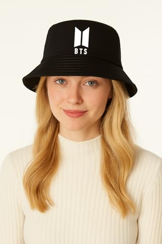 Image of BTS Bucket Hat with BT21 Characters & BTS Logo Print | K-Pop Cotton Bucket Cap | Unisex Hat for Boys, Girls, Men & Women