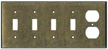 Switch Hits Quad Light Switch Plate Outlet Cover GFCI Wall Plate | 4 Toggle - 1 Duplex Mottled Antique Brass Electrical Faceplate | Hand Polished Hazel Brass Construction | 5 Gang, 10.1" W x 4.6" H