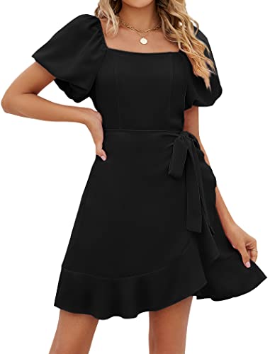 SAMPEEL Womens Summer Dresses Square Neck Puff Sleeve Tie Waist Short Dress2