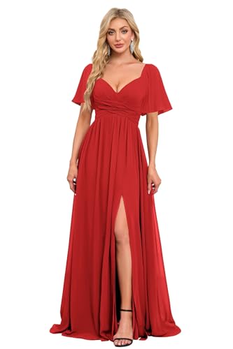 Image of Women's Flutter Sleeves Chiffon Bridesmaid Dresses with Slit Long A Line V-Neck Formal Party Dress with Pockets