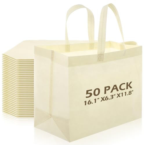 Yoojahow 50 Pcs Reusable Tote Bag with Handles Bulk Extra Large Non Woven Grocery Shopping Bags for Boutiques Retail Store(Beige)