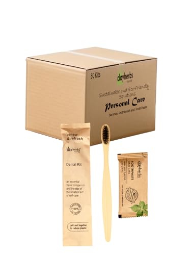 Image of Pack-20 Sustainable Eco-Friendly Organic Bamboo Toothbrush and Toothpaste Sachet, Natural Flavor, Oral Care Biodegradable & Non-Toxic Hotel Dental Kit For Rooms