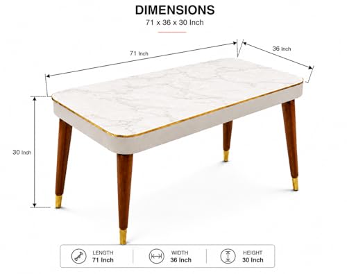 Image of WOODEN SPACE 6-Seater Wooden Dining Table Set | Nano Composite Marble Top | Solid Wood Base | Modern Dining Room Furniture with 6 Chairs (Beige Frontline)