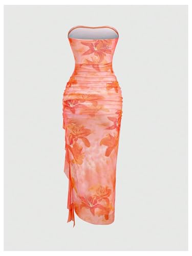 WDIRARA Women's Floral Tube Dress Ruffle Draped Strapless Ruched Bodycon Long Dresses2