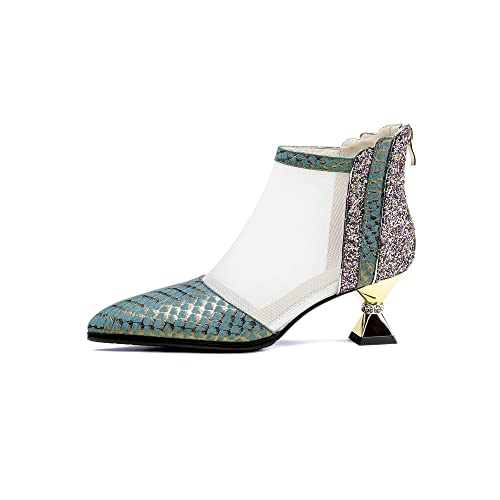 TinaCus Genuine Leather & Mesh Handmade Pointed Toe Mid Heel Zip Up Graceful Women's Ankle Boots2