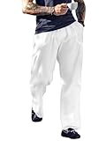 KAWATA White Linen Pants Men Elastic Waist Drawstring Casual Trousers Lightweight Straight-Legs Loose Beach Yoga Pants