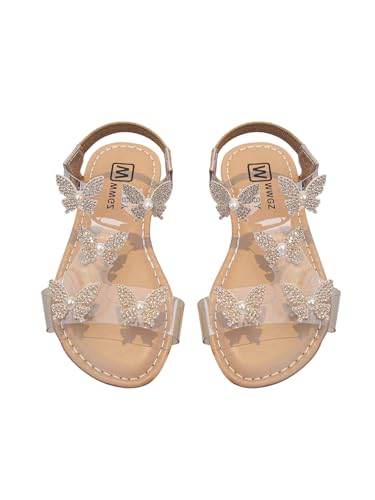 Image of GORGLITTER Girl's Sandals Butterfly Clear Rhinestone Glitter Ankle Strap Flat Sandals Summer Beach Vacation Sandal