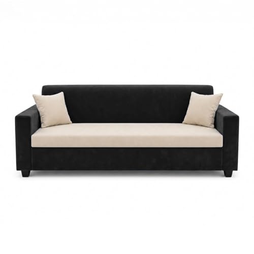 Image of FURNY QualityWood 3 Seater + 1 Seater + 1 Seater Fabric Sofa Set (Cream-Black) with Velvet Finish | Durable Comfort | Ideal for Living Room